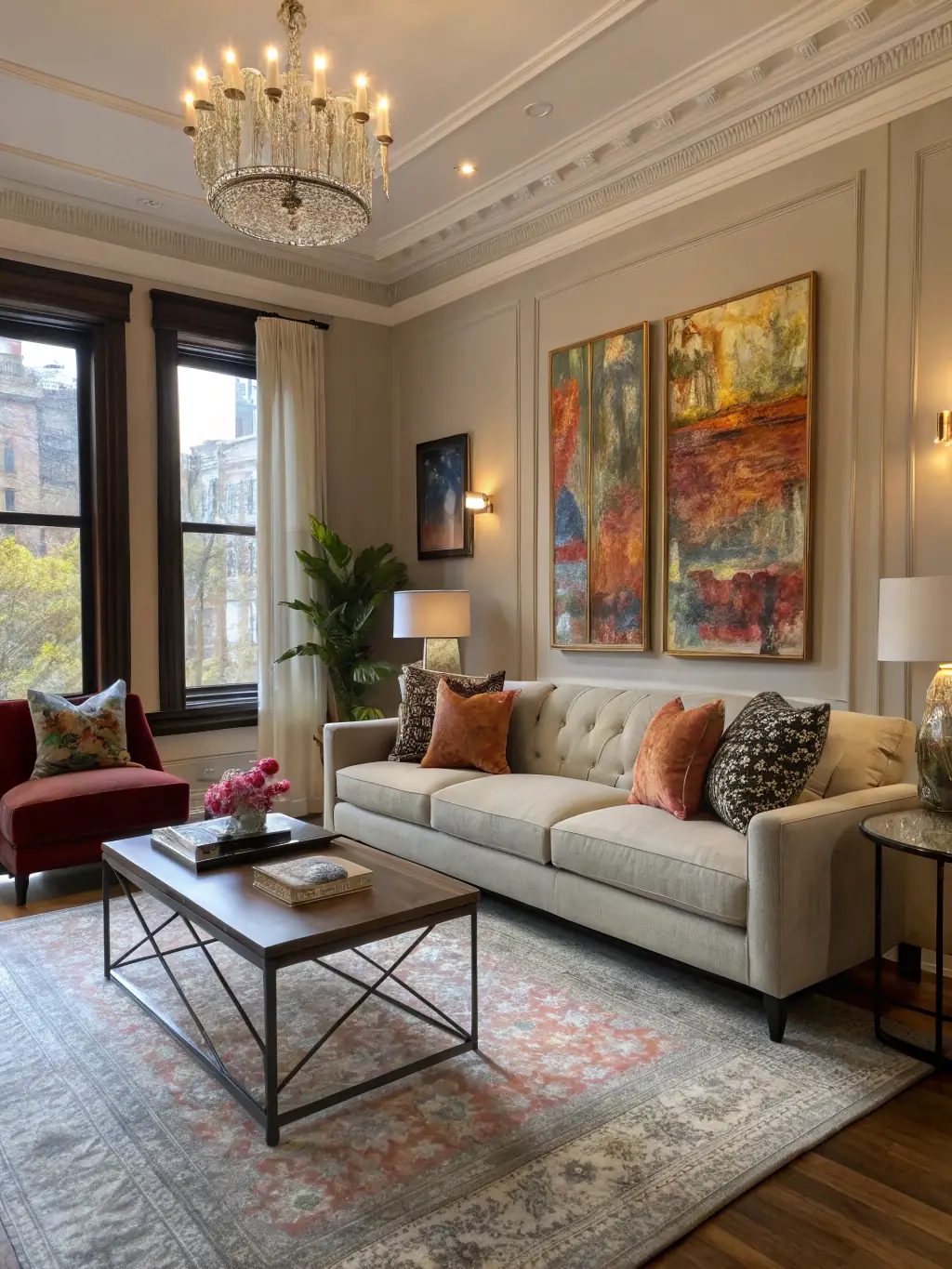 A professionally staged living room in a modern apartment, showcasing the setup and furnishing services provided by Lido Property Solutions. The image should convey comfort and style.
